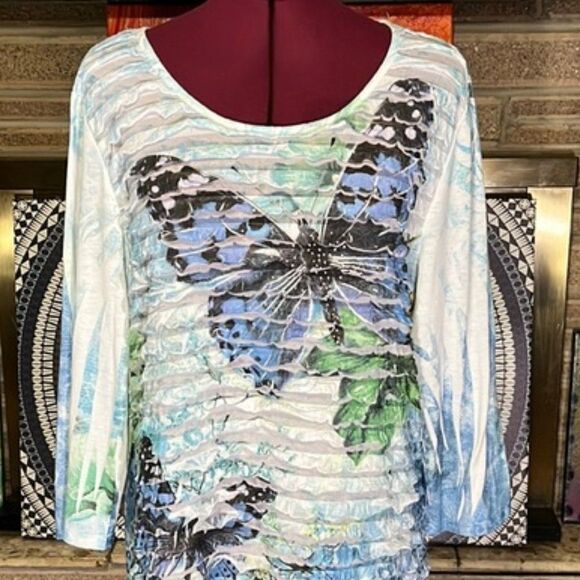 Cal Style USA Butterfly & Floral Print Tunic 3/4 Sleeve Size Large - Picture 3 of 12